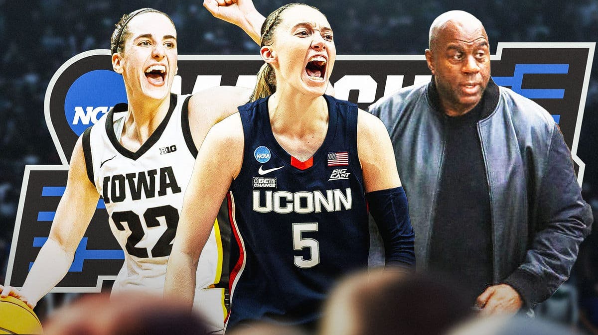 Magic Johnsons stands next to March Madness logo, Iowa's Caitlin Clark and UConn's Paige Bueckers