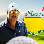 Brooks Koepka with fire in his eyes in front. 2024 The Masters (golf) logo in background.