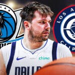 Luka Doncic in front looking serious. Need the Mavericks and Clippers logos in background.