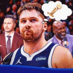 Mavericks' Luka Doncic close-up image in front. Give him a thought bubble, in the bubble, place the NBA championship trophy. In background of image, need Stephen A. Smith, JJ Redick, Shaquille O'Neal, and Tim Legler (IMAGES ALL FROM 2024) looking like they are yelling/talking.