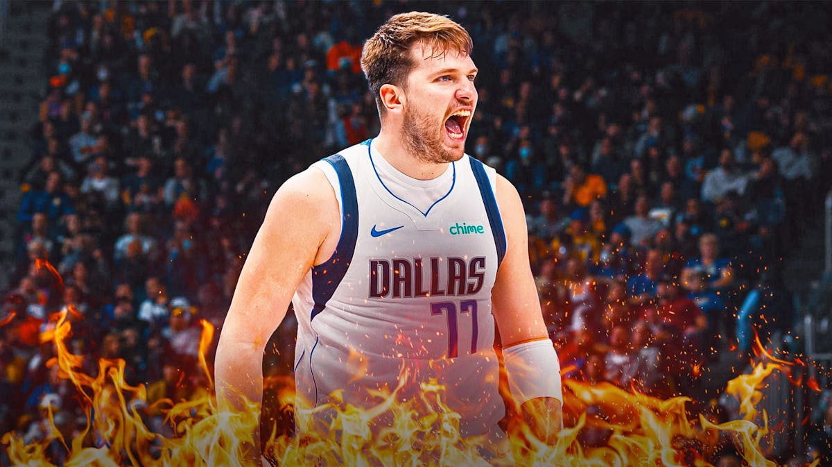 Luka Doncic in Dallas Mavericks jersey with fire graphic