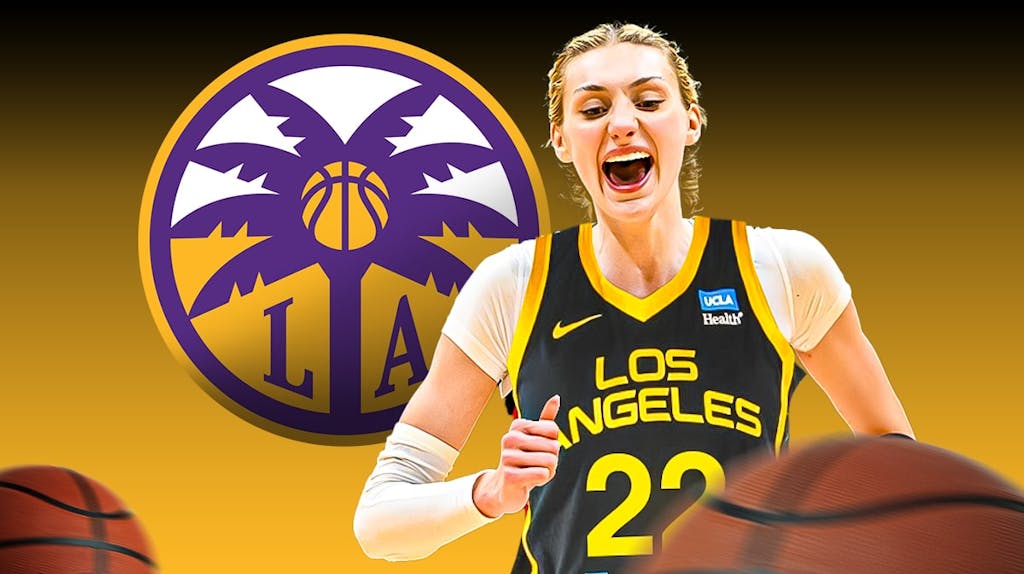 Stanford women's basketball player Cameron Brink, with a jersey swap so she is in a Los Angeles Sparks uniform, with the Los Angeles Sparks logo behind her, and basketballs along the border of the image