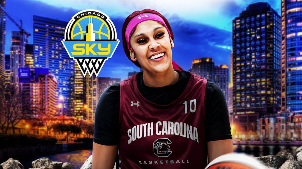 South Carolina women's basketball player Kamilla Cardoso, with the city of Chicago, Illinois in the background, and the Chicago Sky logo