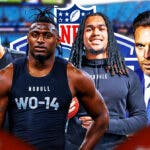 Carolina Panthers general manager Dan Morgan and owner David Tepper next to wide receiver Xavier Legette and running back Jonathon Brooks. There is also a logo for the 2024 NFL Draft.