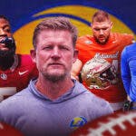 Les Snead in the middle, Jared Verse, Braden Fiske, Coach Sean McVay around him, Los Angeles Rams wallpaper in the background