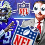 Photo: Michael Penix Jr throwing football, Mel Kiper Jr with peeping eyes looking at him, 2024 NFL Draft logo in background