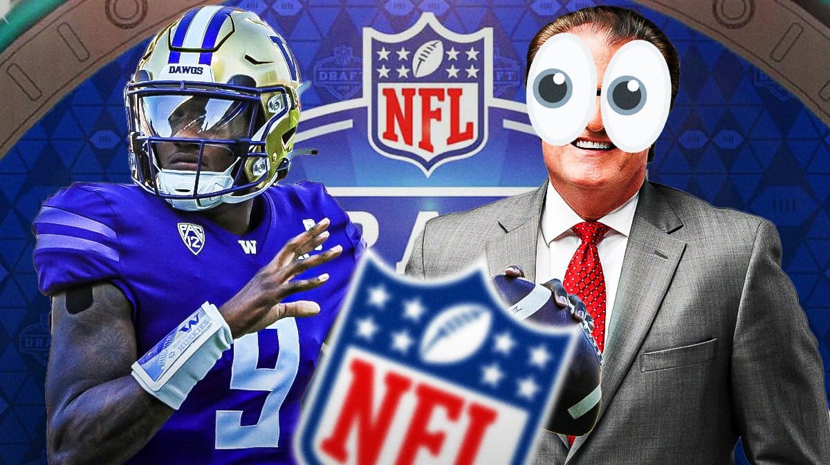 Photo: Michael Penix Jr throwing football, Mel Kiper Jr with peeping eyes looking at him, 2024 NFL Draft logo in background