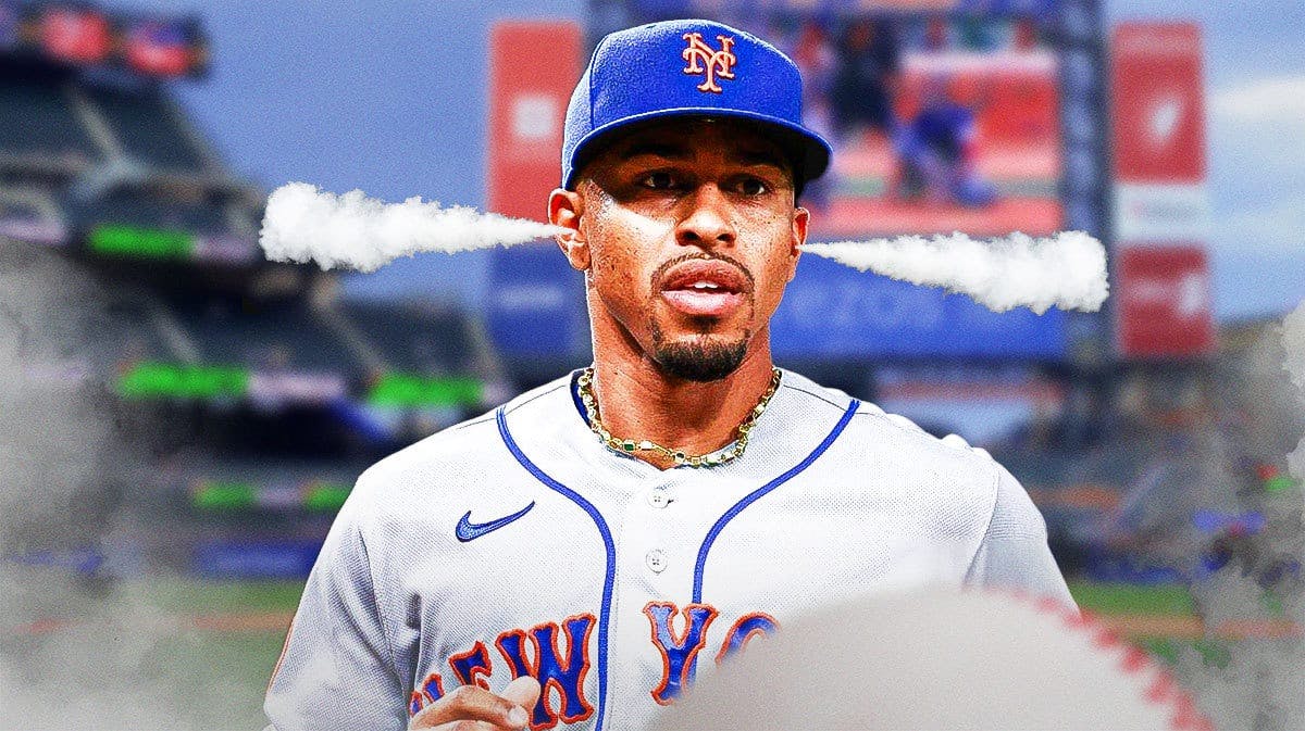 Mets' Francisco Lindor looking serious in front with smoke coming out of his ears. Citi Field background.