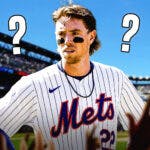 Mets third baseman Brett Baty with question marks next to him, Citi Field in back