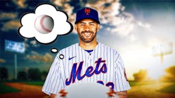 JD Martinez in a Mets uniform. Give him a thought bubble. In the bubble, place a baseball.