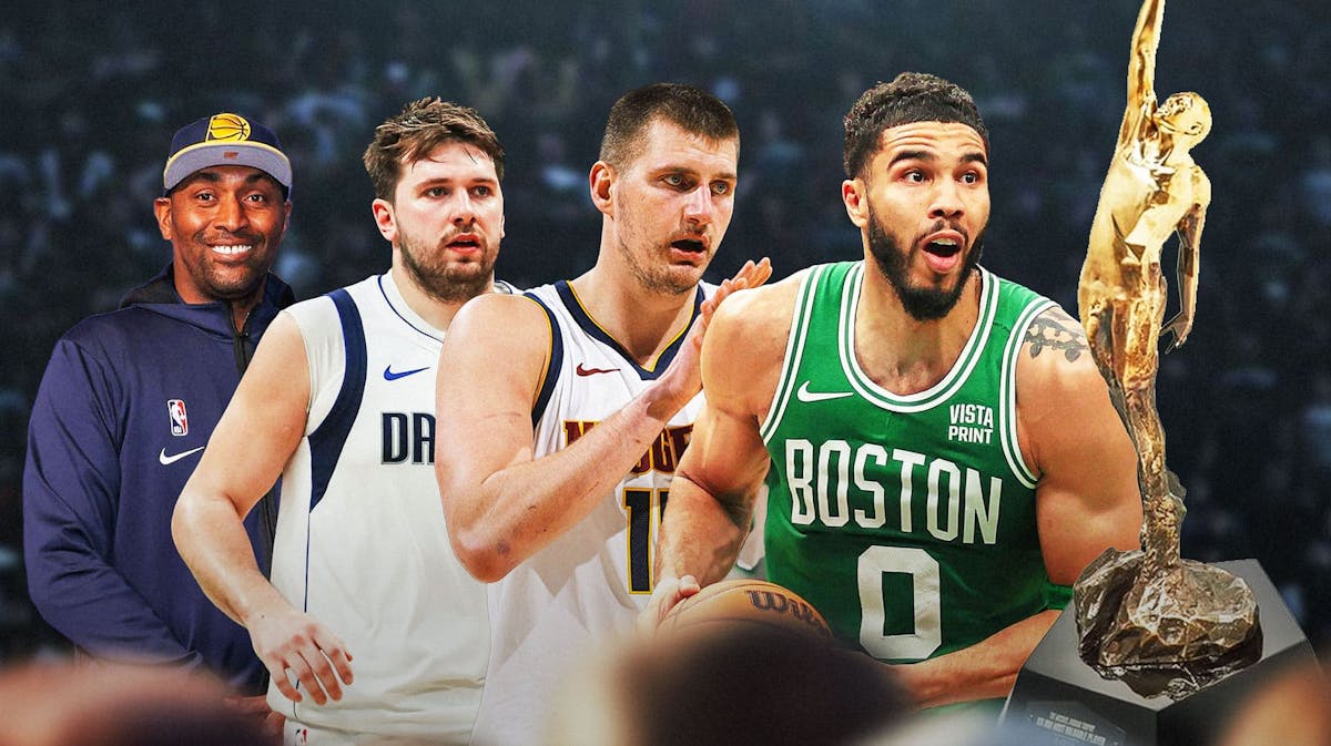 Metta World Peace, Mavericks' Luka Doncic, Nuggets' Nikola Jokic, and Celtics' Jayson Tatum looking at the MVP trophy