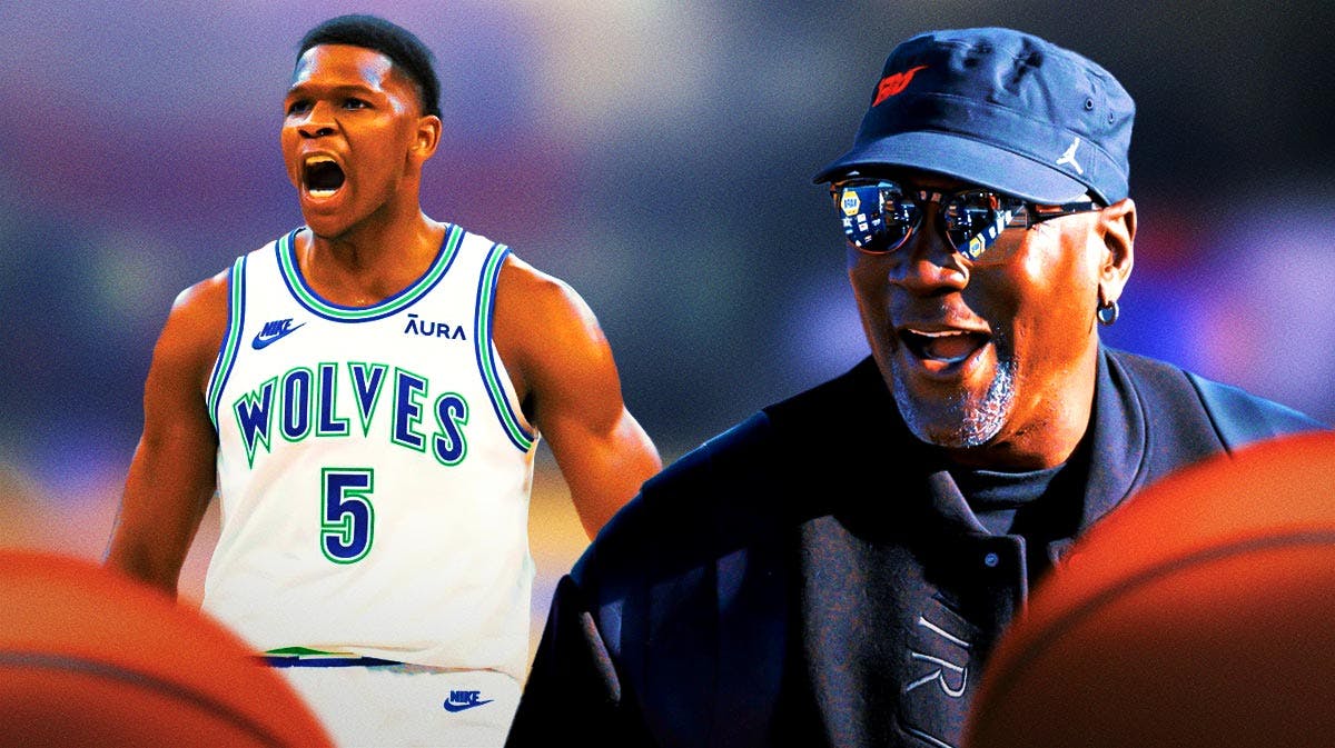 Minnesota Timberwolves' Anthony Edwards on the left, with Michael Jordan on the right smiling.