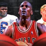 Photo: Michael Jordan in Bulls jersey in action, Lawrence Taylor, Dean Smith behind him