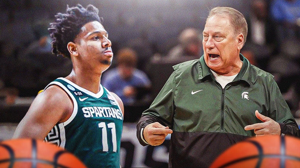 Michigan State basketball coach Tom Izzo looking at A.J. Hoggard.