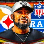 Steelers' Mike Tomlin stands next to 2024 NFL Draft logo with free agency reporters in background