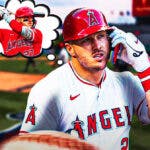 Angels' Mike Trout at Angel Stadium with a thought bubble. In the bubble, need Mike Trout swinging a baseball bat.