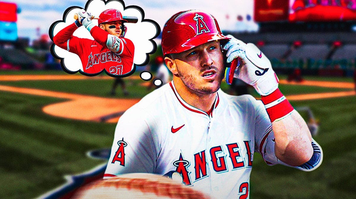 Angels' Mike Trout at Angel Stadium with a thought bubble. In the bubble, need Mike Trout swinging a baseball bat.