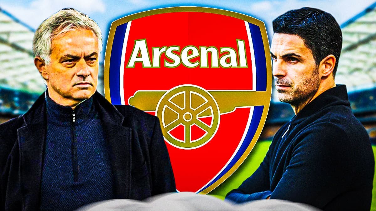 Jose Mourinho and Mikel Arteta looking towards each other in front of the Arsenal logo