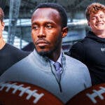 Vikings GM Kwesi Adofo-Mensa surrounded by quarterbacks Drake Maye, JJ McCarthy, Jayden Daniels with an NFL Draft background