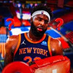 Mitchell Robinson with a bunch of question marks around him and an injury kit in front of him