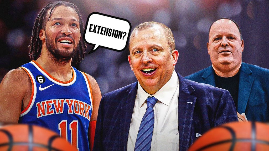 Knicks' Jalen Brunson saying "Extension?" next to Tom Thibodeau and Leon Rose