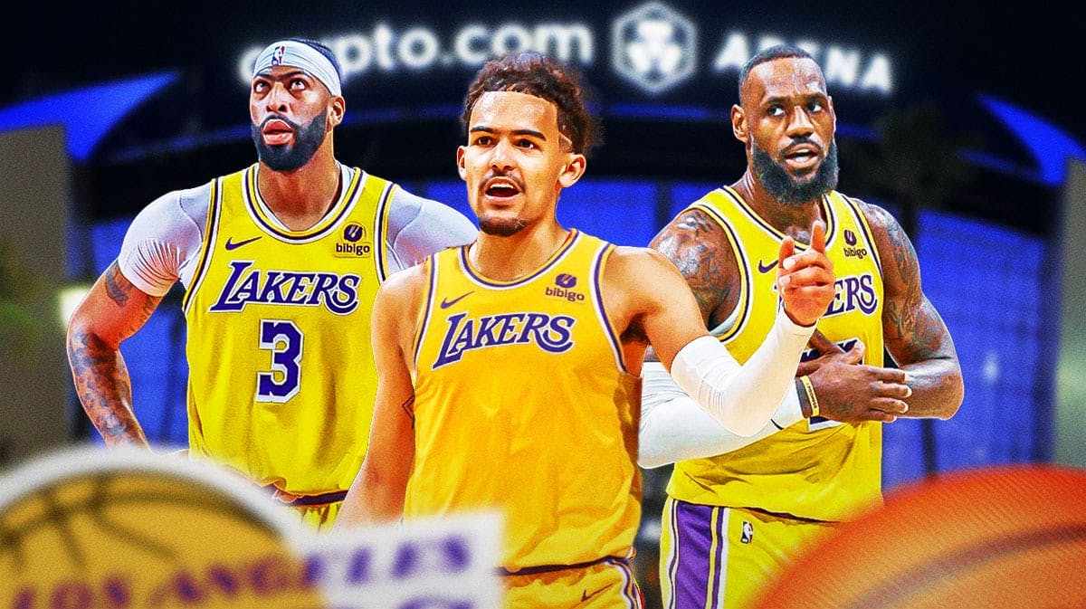 Hawks' Trae Young in a Lakers uniform, with LeBron James and Anthony Davis beside him