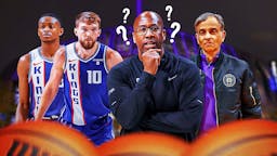 KIngs; Mike Brown with question marks next to Vivek Ranadive, De'Aaron Fox and Domantas Sabonis
