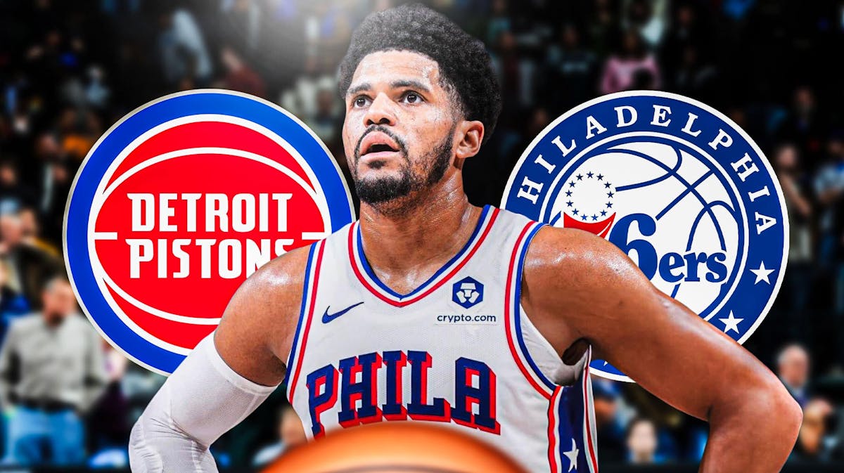 Tobias Harris between the Pistons and 76ers logos