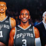 Chris Paul in a Spurs jersey, with Victor Wembanyama and Gregg Popovich smiling at him