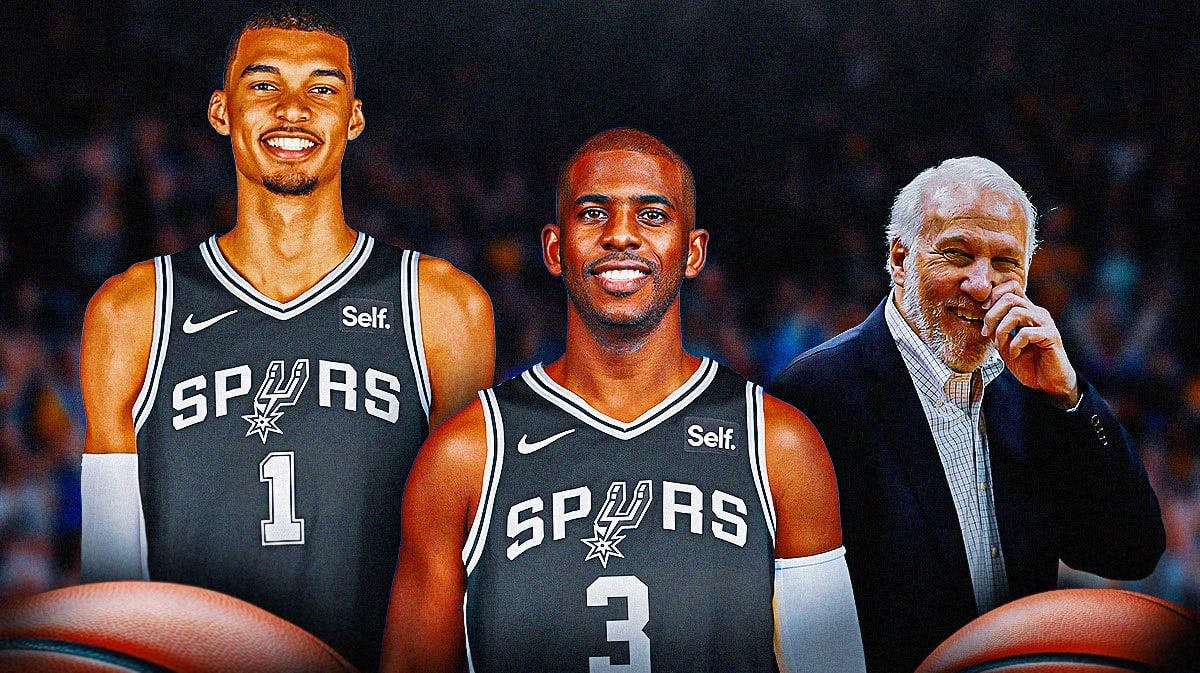 Chris Paul in a Spurs jersey, with Victor Wembanyama and Gregg Popovich smiling at him