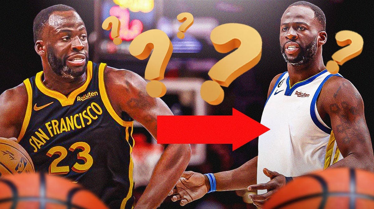 Draymond Green on one side in a Golden State Warriors uniform with an arrow pointing to Draymond Green in a blank uniform, a bunch of question marks in the background