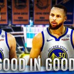 Warriors' Klay Thompson looking at a sad Stephen Curry and Draymond Green, with caption below: NO GOOD IN GOODBYE