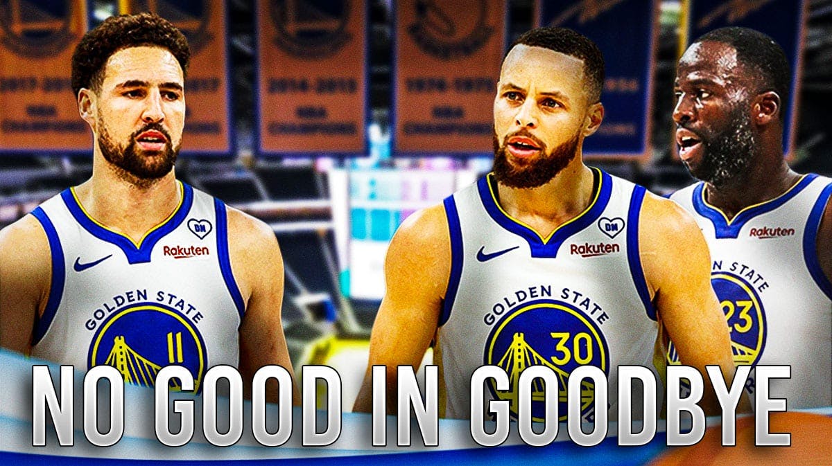 Warriors' Klay Thompson looking at a sad Stephen Curry and Draymond Green, with caption below: NO GOOD IN GOODBYE