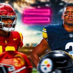 USC quarterback Caleb Williams on the left side of the image, Pittsburgh Steelers QB Russell Wilson on the right side of the image. There is an equals sign between them.