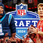 In the middle of the picture is the logo for the 2024 NFL Draft. On one side is Oregon QB Bo Nix and on the other side is former Carolina Panthers QB Cam Newton.