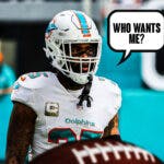 Former Miami Dolphins cornerback Xavien Howard with a speech bubble that reads “Who wants me?”