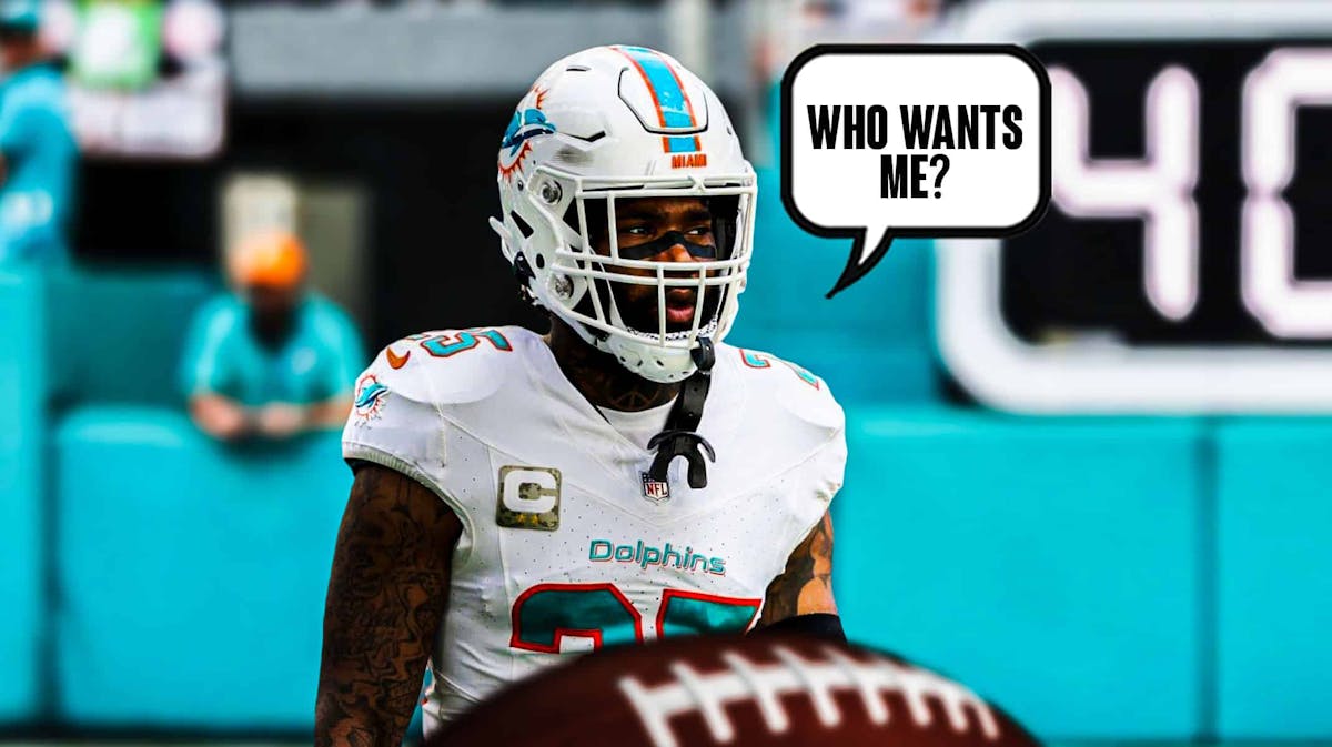 Former Miami Dolphins cornerback Xavien Howard with a speech bubble that reads “Who wants me?”