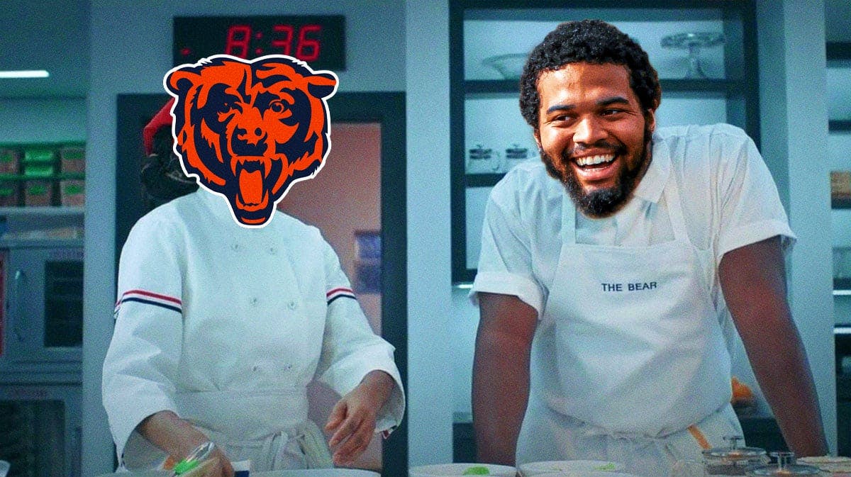 Caleb Williams (USC football) as Marcus of The Bear, then add a 2024 Chicago Bears logo on the uniform of Sydney (woman on left)