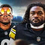 Russell Wilson in Steelers jersey with fire in his eyes. Brandon Aiyuk in Steelers jersey as well