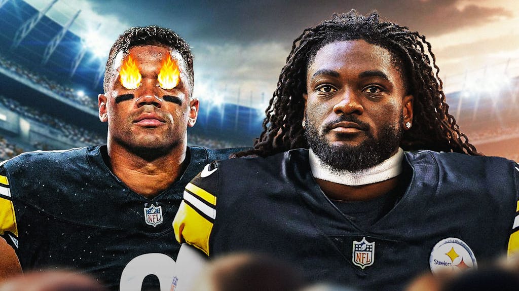 Russell Wilson in Steelers jersey with fire in his eyes. Brandon Aiyuk in Steelers jersey as well