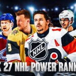 Nathan MacKinnon, Jason Robertson, Connor Hellebuyck and Jack Eichel, on other side Sidney Crosby, Alex Ovechkin, Patrick Kane and Travis Konecny, NHL logo in image and hockey rink in background Week 27 NHL Power Rankings