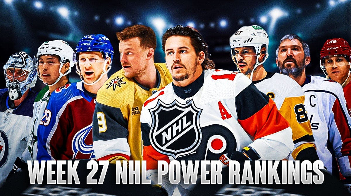 Nathan MacKinnon, Jason Robertson, Connor Hellebuyck and Jack Eichel, on other side Sidney Crosby, Alex Ovechkin, Patrick Kane and Travis Konecny, NHL logo in image and hockey rink in background Week 27 NHL Power Rankings