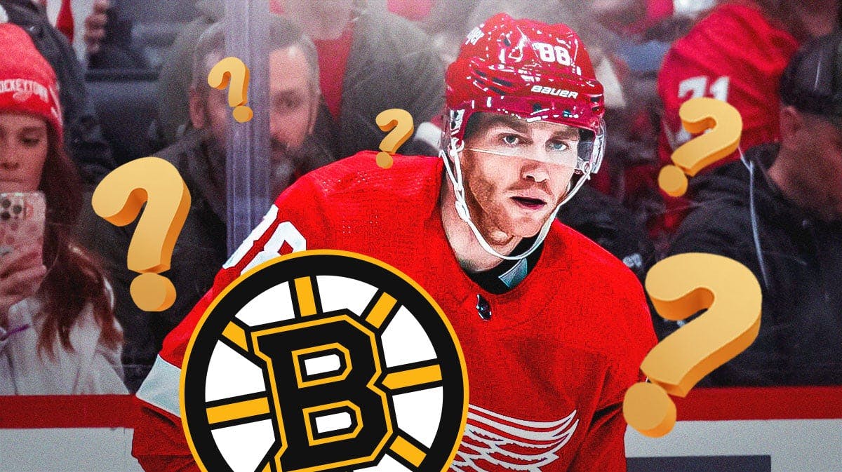 Patrick Kane in middle of image looking stern, 3-5 question marks, Boston Bruins logo in image, hockey rink in background