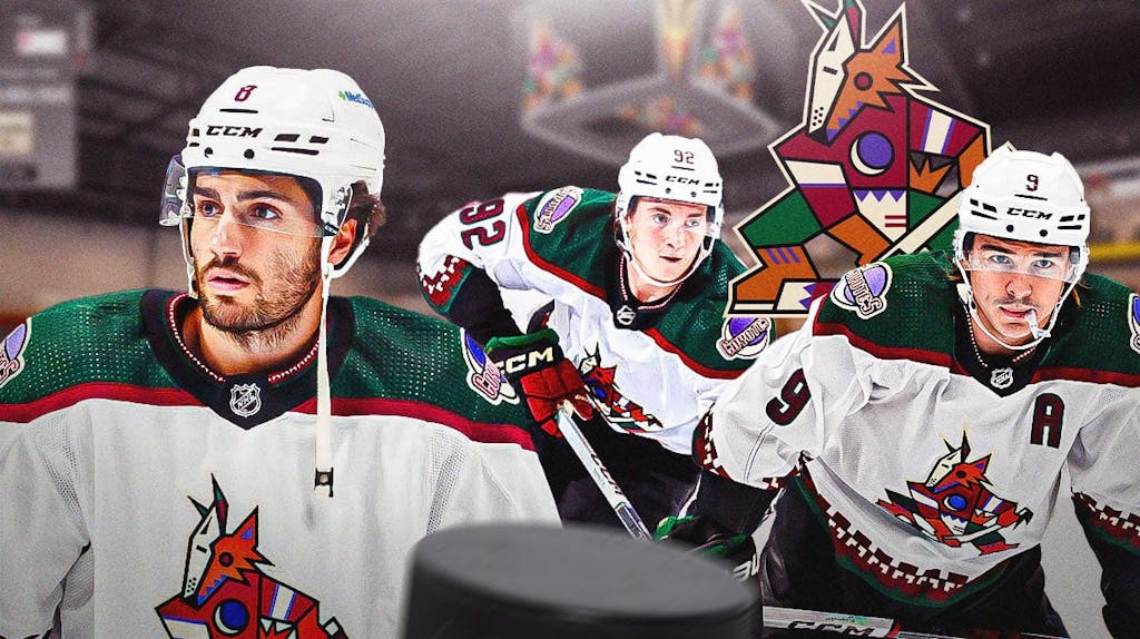 Clayton Keller, Nick Schmaltz and Logan Cooley all in image looking stern, Arizona Coyotes logo, hockey rink in background