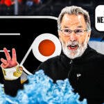 Philadelphia Flyers head coach John Tortorella with a speech bubble saying “See you next season” next to the Flyers logo.