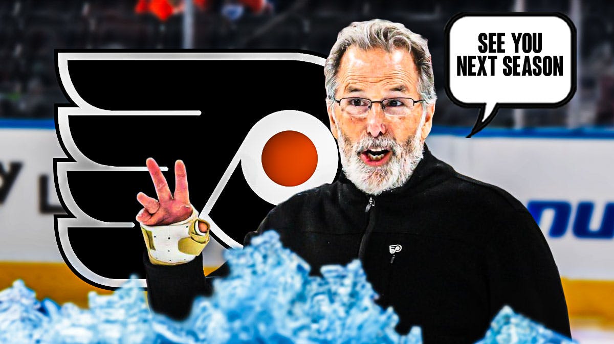 Philadelphia Flyers head coach John Tortorella with a speech bubble saying “See you next season” next to the Flyers logo.