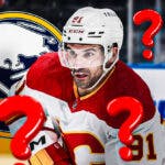 Nazem Kadri in image looking stern, 3-5 question marks in image, Buffalo Sabres logo, hockey rink in background