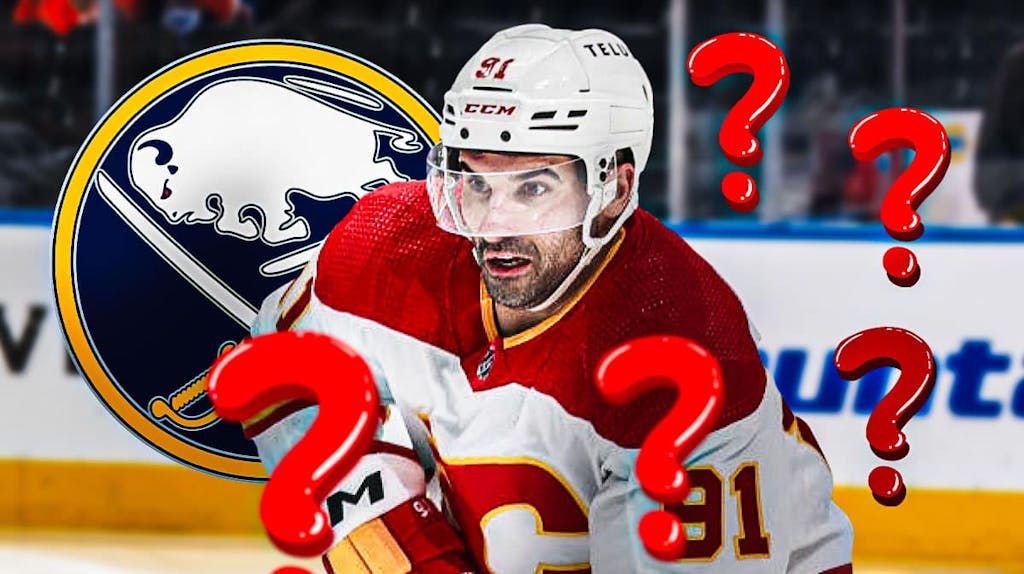 Nazem Kadri in image looking stern, 3-5 question marks in image, Buffalo Sabres logo, hockey rink in background