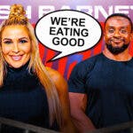 Natalya with a text bubble reading "We’re eating good" next to Big E with the Josh Barnett's Bloodsport logo as the background.