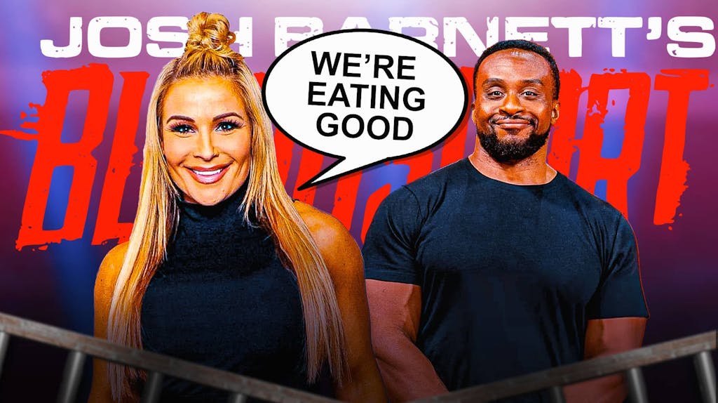 Natalya with a text bubble reading "We’re eating good" next to Big E with the Josh Barnett's Bloodsport logo as the background.